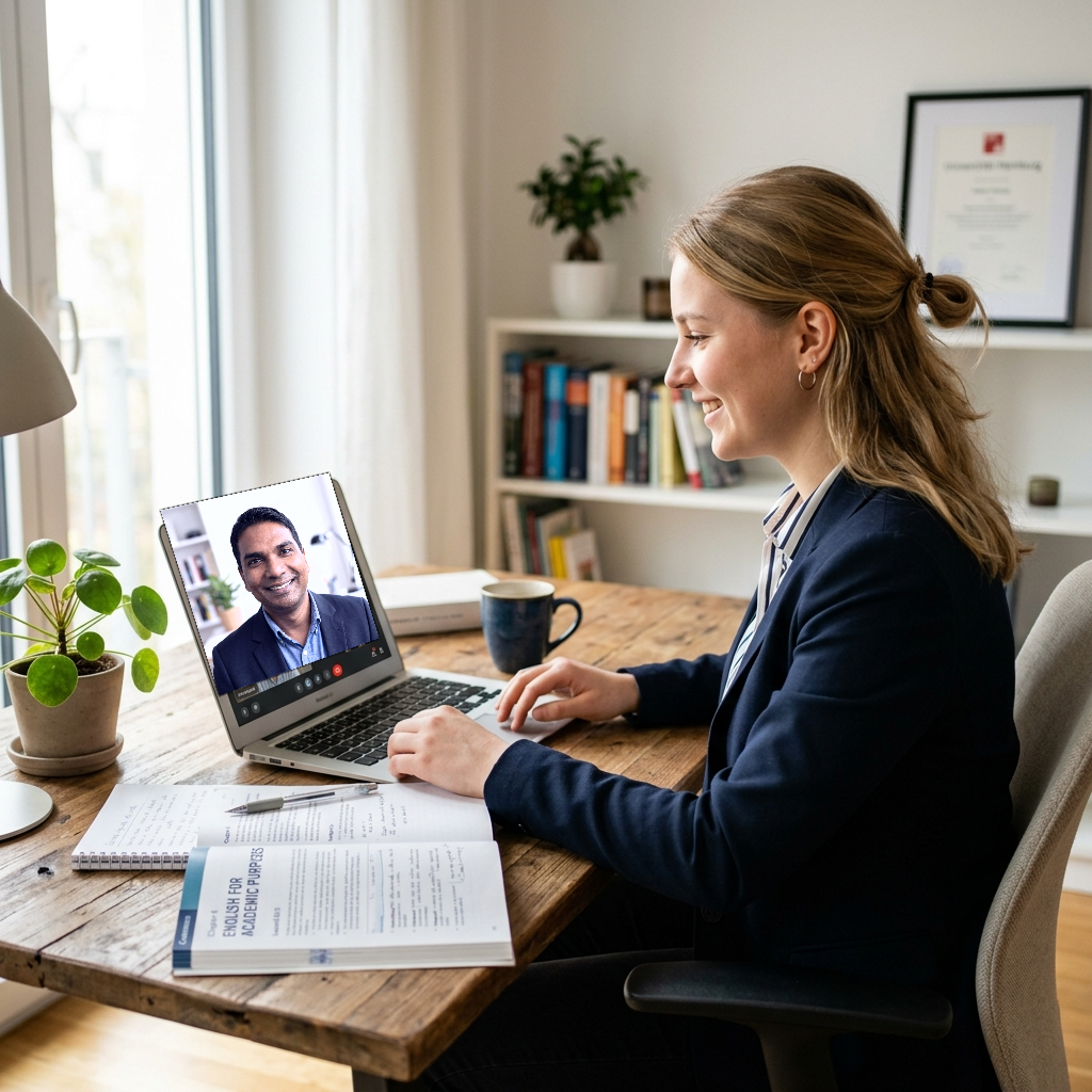 Adult professional smiling during a 1-on-1 online English tutoring session